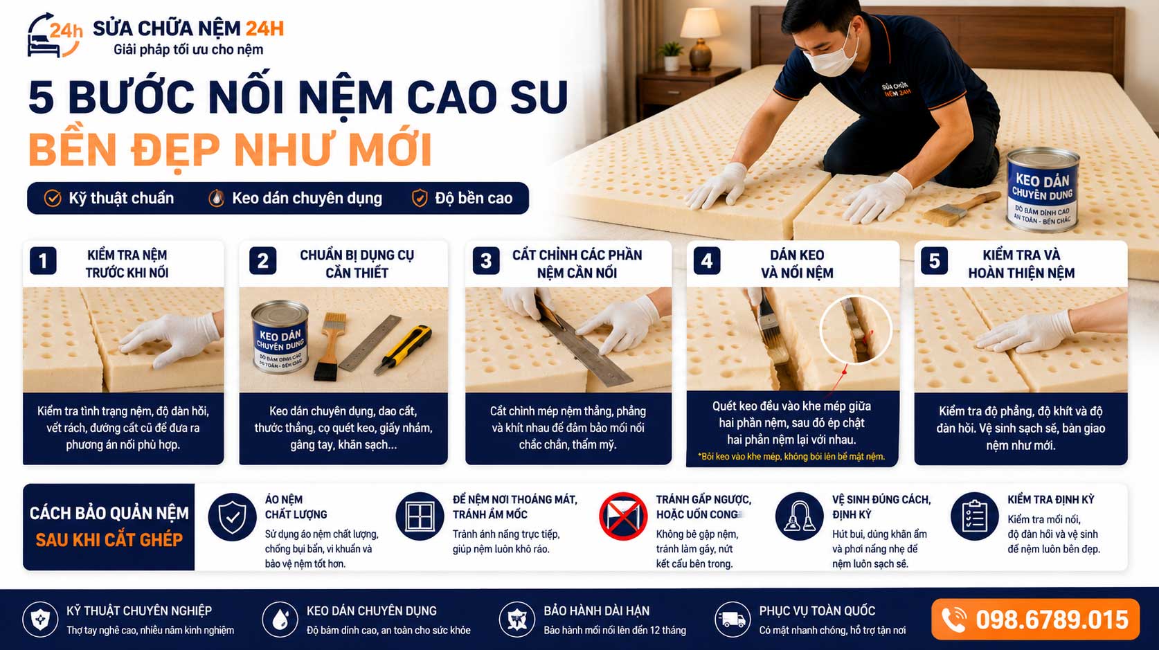 5 bước nối nệm cao su
